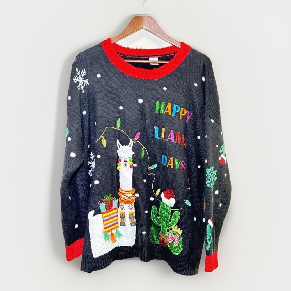 Holiday Time "Happy Llama Days" Black Christmas sweater Size  2X 20W-22W - Picture 2 of 10